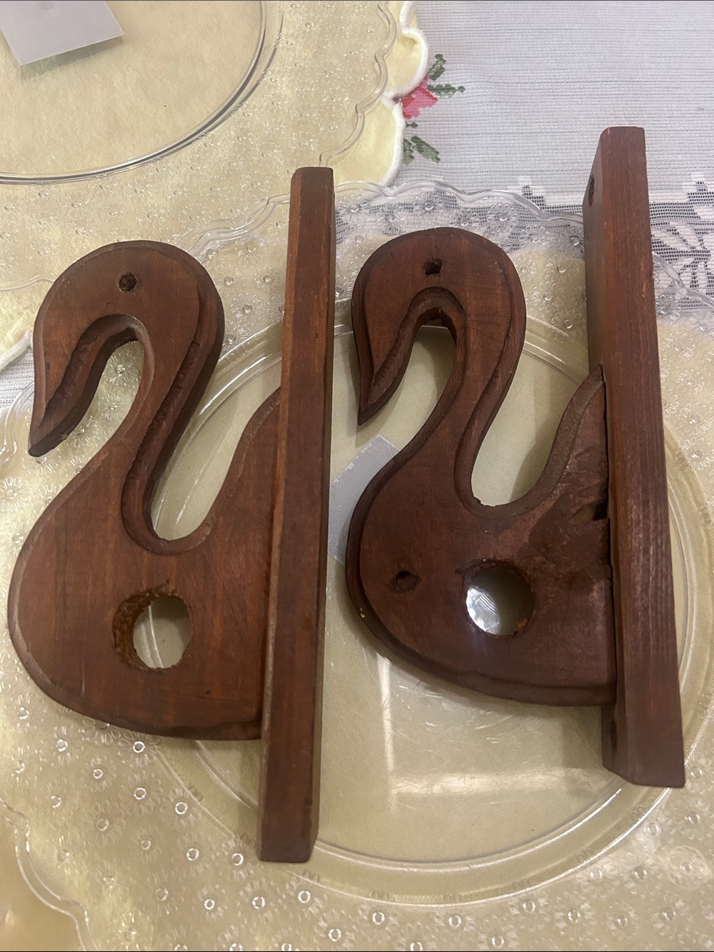 Hand-Carved Wooden Swan Wall Brackets - Brown